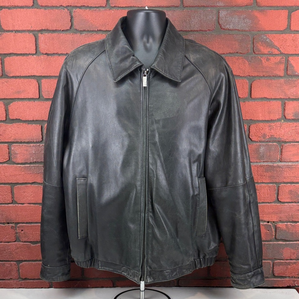 Perry Ellis Leather Coat Mens Large Black Lambswool